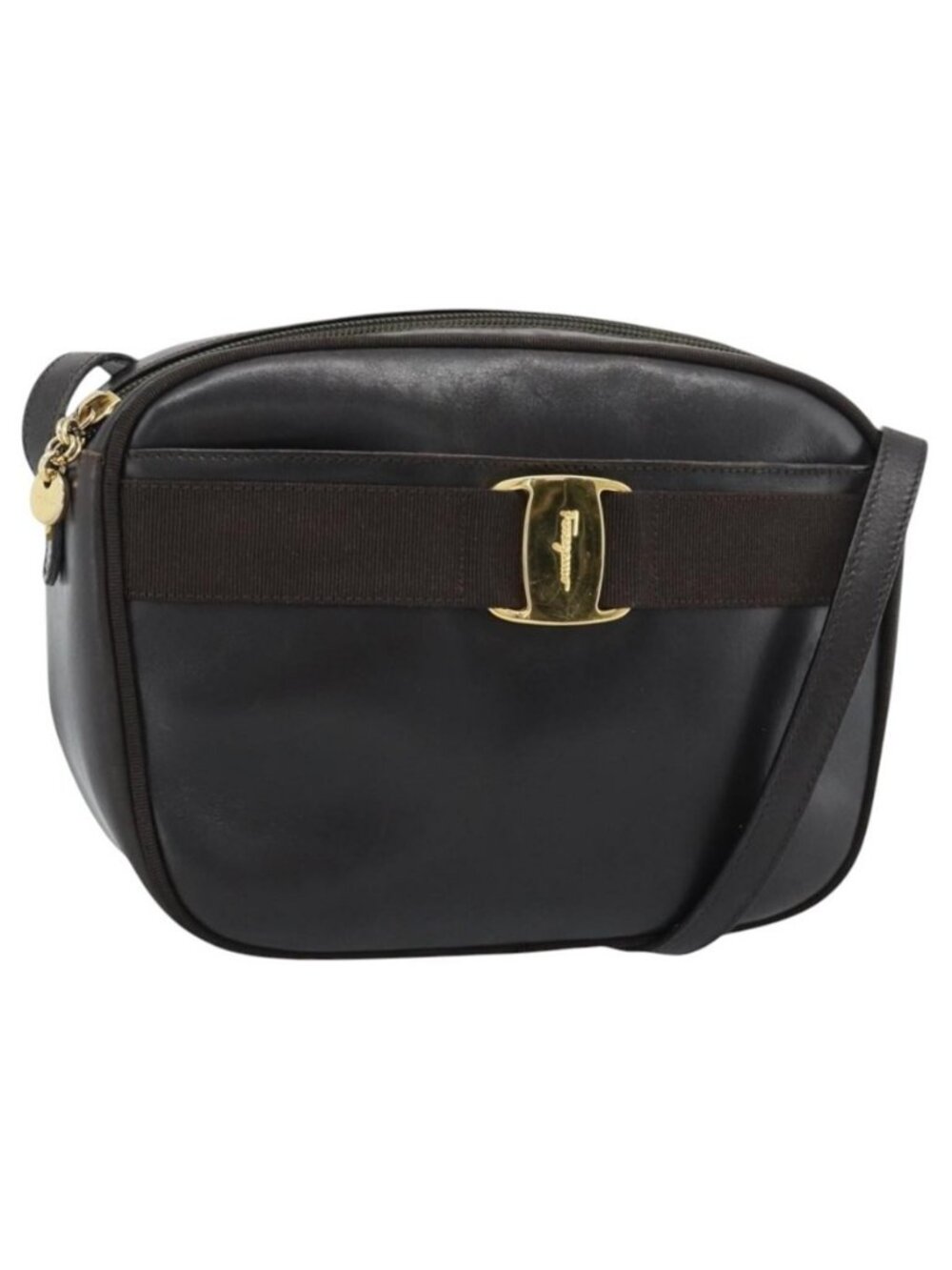 Authentic Salvatore Ferragamo Vala Shoulder Bag Leather Brown Gold